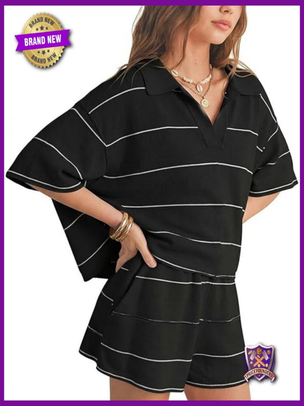 Two Piece Shorts Set Faux Cashmere Knit Polo V Neck Top Vacation Lounge